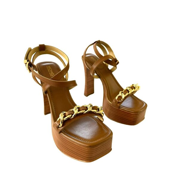 Michael Kors Paola Chain Embellished Leather Brown Platform Sandal Heels 7.5 - Picture 1 of 9